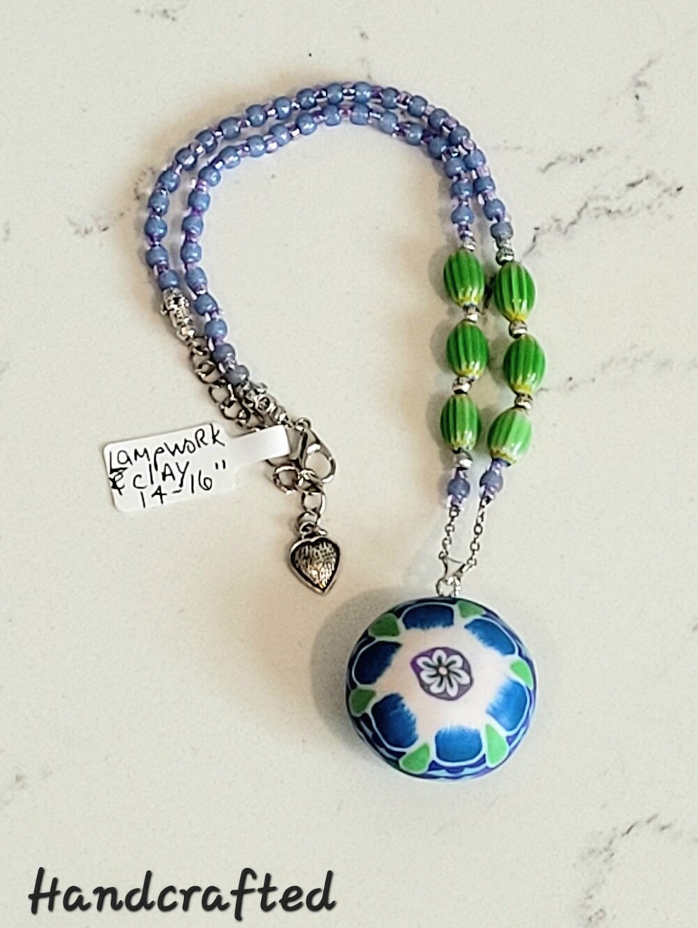 Hand Crafted Kids' Blue Green Lampwork and Polymer Clay Bead Necklace